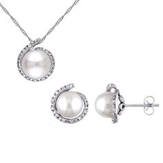 Adorned with shining freshwater cultured pearls and diamonds, these Stella Grace 10k white gold pendant necklace and earrings are a beautiful set you'll love.Click on this JEWELRY & WATCHES GUIDE to learn about fit, styles, materials and more! Clasp: spring-ring Nickel free Metal: 10k white gold Chain length: 17 in. Backings: post Packaging: boxed Earring diameter: 9.8 mm Chain type: ropeDIAMOND DETAILS Total weight: 1/7 ct. Color grade: G-I Clarity: 12-13 Shape: round Setting: prongCULTURED PEA White Akoya Pearl Jewelry With Diamond Accents, Anniversary Jewelry Set With Pearl Drop, White Pearl Jewelry With Prong Setting, Classic Pearl Jewelry Sets For Anniversary, White Diamond Accented Jewelry Set For Anniversary, Anniversary White Diamond Accented Jewelry Sets, White Jewelry Sets With Diamond Accents For Anniversary, Pearl White Jewelry Sets For Anniversary, Wedding Fine Jewelry Pearl Necklace With Round Pendant