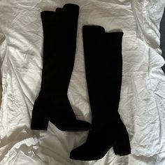 Knee High Black Boots Never Worn Black Tall Heeled Boots For Winter, Tall Black Heeled Boots For Winter, Black Knee-high Boots With Block Heel For Winter, Casual Tall Black Boots, Black Tall Boots For Fall, Trendy Black High Shaft Heeled Boots, Trendy Tall Black Heeled Boots, Casual Heeled Boots For Winter Nights, Casual Heeled Boots For Night Out In Fall