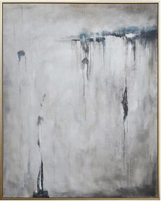 an abstract painting with black and white paint on the wall, it looks like dripping water