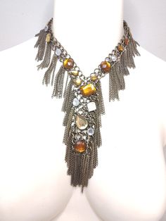 VINTAGE CHAIN TASSEL FRINGE STATEMENT NECKLACE MULTI COLOR RHINESTONES Bohemian Bib Necklace With Chain, Party Tassel Dangle Necklaces, Glamorous Metal Beaded Necklaces, Glamorous Beaded Metal Necklaces, Party Dangle Necklaces With Tassels, Party Necklaces With Tassels And Dangle Shape, Glamorous Necklaces With Rhinestones, Glamorous Dangle Necklaces With Rhinestones, Bohemian Dangle Necklaces For Parties