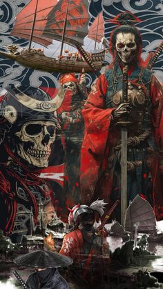 a group of people standing next to each other in front of a pirate ship with skulls on it