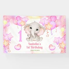 Cute Elephant Summer Colorful Girl 1stBirthday Banner