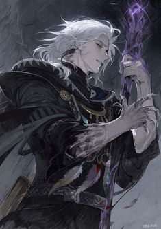 an anime character with white hair holding a purple object