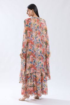 Peach asymmetric cape with floral abstract pattern. Paired with a crop top and sharara. - Aza Fashions Cape Sharara, Asymmetric Cape, Floral Abstract Pattern, Floral Abstract, Sharara Set, Set For Women, Abstract Floral, Cotton Silk, Aza Fashion