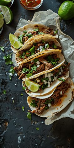 three shredded pork tacos with cilantro and lime