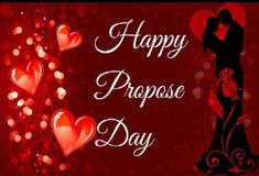 a couple kissing in front of hearts on a red background with the words happy propose day