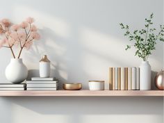 a shelf with vases, books and plants on it