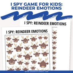 the printable reindeer emotions game for kids is shown with text that reads i spy game for