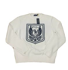 NWT Polo Ralph Lauren Vintage OG Uni Knit Sweater PWING Stadium Bear Crest XXL. White Logo Print Sweater For Winter, White Sweater With Logo Print For Winter, Winter White Logo Print Sweater, Winter White Sweater With Logo Print, Luxury Cotton Sweater With Ribbed Cuffs, Classic White Sweater With Embroidered Logo, Designer White Tops With Ribbed Collar, Luxury White Long Sleeve Sweater, Luxury White Sweater For Fall