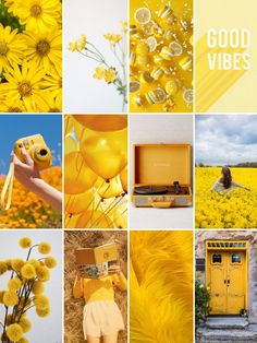 a collage of yellow images with flowers and people in the background that says good vibes