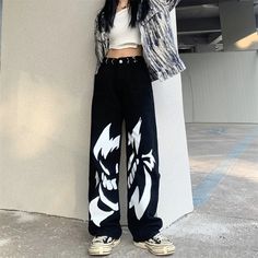 ✨Egirl Goth Jeans✨ 2022 - Shoptery Casual Wide Leg Bottoms For Cosplay, Casual Black Pants For Cosplay, Trendy Black Pants For Cosplay, Emo Bottoms For Spring Streetwear, Emo Cotton Bottoms For Halloween, Halloween Emo Style Cotton Bottoms, Halloween Emo Cotton Bottoms, Black Cotton Emo Bottoms, Black Wide Leg Bottoms For Cosplay