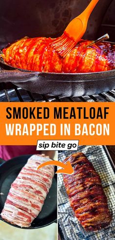 smoked meatloaf wrapped in bacon is being cooked on the grill with an orange spatula