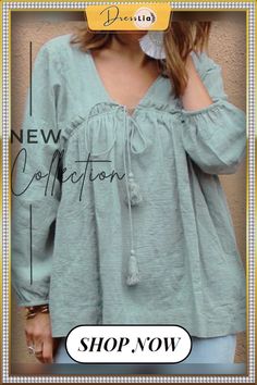 Solid Color Bandage Long Sleeve Loose Blouse for Women Solid Bohemian V-neck Blouse, Solid Long Sleeve Bohemian Top, Bohemian Long Sleeve Solid Tops, Solid Bohemian Long Sleeve Top, Bohemian Long Sleeve Top, Bohemian V-neck Top, Solid Color V-neck Blouse For Vacation, Solid Color Bohemian Blouse For Vacation, Bohemian V-neck Solid Color Blouse