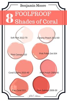 four shades of coral pink with the words foolproof 8 shades of coral