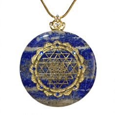 Pendant Size: 1.5 inch diameter Weight: 150 carats = 30 grams (1.0oz) Crystal: Lapis Lazuli + 8 Swarovski Crystals Chakras: Third Eye, Throat Sacred Geometry: Gold Plated Brass Sri Yantra Necklace Option: 23.5" gold filled snake chain Bail: Gold Plated Sterling Silver crown with cubic zirconia gems Lapis Lazuli - A stone of intuition & psychic awareness - Helps to open the Third Eye & stimulate the pineal gland during meditation - Helps to connect to higher self & inner wisdom - A great stone used for manifestation while meditating on a goal or intention - Brings mental clarity & enhances creativity A stone of truth, Lapis Lazuli encourages honesty of the spirit, helping to bring awareness of the soul and your spiritual purpose in life. It encourages self-awareness, allows self-expression Luxury Healing Round Jewelry, Symbolic Round Gemstone Jewelry, Round Gemstone Crystal Necklace For Meditation, Gemstone Crystal Necklaces For Meditation, Amulet Style Round Crystal Necklaces For Gifts, Amulet Style Round Crystal Necklace Gift, Round Amulet Crystal Necklace As Gift, Celestial Round Necklace For Meditation, Symbolic Blue Round Jewelry