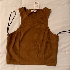 Agaci New Crop Top Faux Suede Brown Size M Brown Tops For Spring Night Out, Brown Top For Spring Night Out, Brown Tank Top For Night Out In Spring, Spring Night Out Brown Tank Top, Dressy Crop Top, Yellow Tube Top, Suede Crop Top, Pink Lace Crop Top, Sporty Crop Top