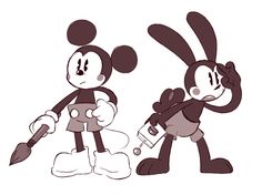 mickey and minnie mouse with their arms around each other, one holding a paintbrush