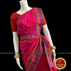 Design by Classical Dance Jewelry® ❥ A collection of colorful and elegant dance sarees in cotton fabric with minimalistic patterns for all the ladies who are ardent fans of our traditional dance. ❥ These sarees are also known as Kalakshethra sarees. ❥ Dance practice sarees have different measurements than the usual sarees and can't be used as a party wear or casual wear. ❥ It is made of pure cotton saree with plain contrast color borders.These practice sarees worn over pajamas / pants and a chol Traditional Fitted Pre-draped Saree For Navratri, Traditional Fitted Pre-draped Saree For Diwali, Traditional Fitted Pre-draped Saree With Motifs, Fitted Pre-draped Saree With Motifs For Festivals, Traditional Pink Pre-draped Saree In Chanderi, Traditional Pink Pre-draped Chanderi Saree, Festive Pink Pre-draped Saree With Motifs, Pink Fitted Pre-draped Saree For Navratri, Fitted Pink Pre-draped Saree For Navratri