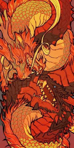 Japon Illustration, 다크 판타지, Dragon Artwork, 판타지 아트, Red And Yellow, Creature Design, 그림 그리기