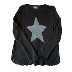 The Lucky Star Sweater By Wooden Ships Black With Silver Star Rounded Wide Crew Neckline Raglan Long Sleeves Lightweight Open Knit Very Soft Cotton Blend Relaxed Fit Throw Over A Swimsuit Or Pair With Jeans For Boho Preppy Americana Measurements For S/M: Chest Width 26" Length 24.5" Approximate **Last Stock Photo To Show Fit Only. Star Is Silver. Nwot Star Sweaters, Half And Half Sweater With Stars, Casual Black Sweater With Star Print, Star-shaped Cotton Sweatshirt For Winter, Long Sleeve Star Print Winter Sweater, Knit Sweater With Star Print Long Sleeve, Star Sweater, Wooden Ship, Black Star