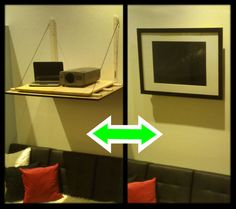 two pictures showing the same room with couches and televisions in it, one has a green arrow pointing up