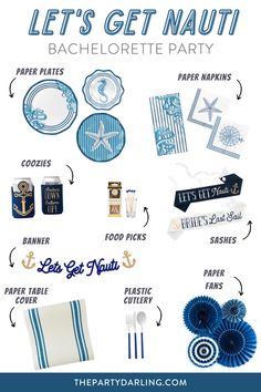 A collage of nautical party supplies, including plates, napkins, koozies, sashes, and banners, to give you party inspiration for a nautical bachelorette party. Lets Get Nauti Bachelorette Decor, Lets Get Nauti Bachelorette, Let’s Get Nauti Bachelorette, Sailor Bachelorette Party, Bachelorette Party Yacht, Nautical Bachelorette Party Decorations, Nauti Bachelorette Party, Get Nauti Bachelorette, Cruise Bachelorette