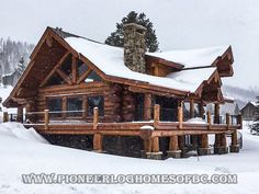 a log cabin with snow on the ground