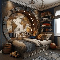 a bedroom with a bed and a large world map on the wall above it,