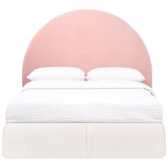 a white bed with a pink headboard and pillows on it's sides, in front of a white background