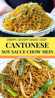 two plates with noodles on them and the words, crispy savory sauce easy can