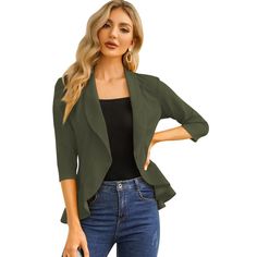 MATERIAL: 95% Polyester and 5% Spandex, premium stretch fabric. This casual work office blazer cardigan jacket is soft and comfortable to wear. FEATURES: 3/4 sleeve office blazer jacket, basic shawl collar, black blazer for women, open front with a single front button, ruffle hem, slim fit jacket suit, solid color/plain, no liner or shoulder pads. OCCASIONS: Great for casual street look, business outfit, work office style and and other special events, leisure time, daily life, holiday, vacation Jacket For Dress, Lightweight Open Front Cardigan, Casual Blazer Women, Chic Blazer, Slim Fit Jackets, Slim Fit Blazers, Sports Blazer, Fitted Blazer, Womens Casual