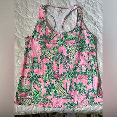 Size Xl Smoke Free Pet Free Home Fitted Printed Pink Tank Top, Fitted Pink Printed Tank Top, Pink Stretch Summer Tank Top, Pink Cotton Tank Top For Vacation, Pink Tank Top For Vacation, Pink Stretch Tank Top For Summer, Pink Sleeveless Top For Loungewear, Stretch Pink Tops For Vacation, Pink Printed Vacation Tops