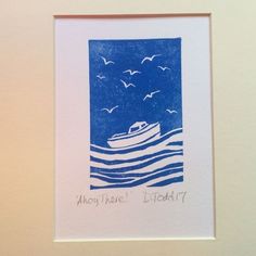 a blue and white drawing of a boat with seagulls in the sky above it