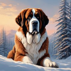 a large brown and white dog sitting on top of snow covered ground next to trees