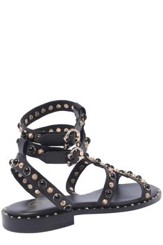 Composition: 100% Calf Leather Designer Embellished Sandals With Open Heel, Chic Flat Embellished Sandals, Luxury Embellished Summer Sandals, Chic Embellished Sandals With Single Toe Strap, Luxury Studded Sandals For Party, Luxury Studded Party Sandals, Chic Flat Sandals With Studded Rubber Outsoles, Designer Studded Open Toe Sandals, Designer Embellished Open Toe Sandals