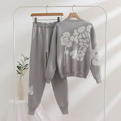 Casual Flower Printed Knitted Two-Piece Set For Women Gray One Size Spring Casual Knit Sets, Casual Spring Knit Sets, Knit Long Sleeve Sets For Spring, Casual Knit Sets For Spring, Casual White Knit Sets, Casual Gray Sets For Spring, Trendy Floral Print Loungewear Set, Sweater Sets, Knitted Trousers