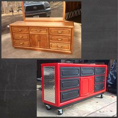 two pictures of different types of furniture and one has a truck in the back with it's door open