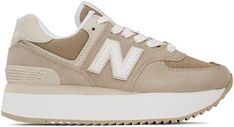 Low-top paneled suede and mesh sneakers in beige. Logo appliqué at sides. · Lace-up closure · Logo patch at padded tongue · Padded collar · Logo embroidered at heel tab · Mesh lining · Stacked ENCAP® EVA foam rubber midsole · Treaded rubber outsole · Platform: H1.5 in Supplier color: Driftwood/Timberwolf Beige Sneakers With Logo Patch For Streetwear, Beige Leather Sneakers With Embroidered Logo, Beige Sneakers With Embroidered Logo For Streetwear, Beige Embroidered Logo Sneakers For Streetwear, New Balance Leather Platform Sneakers For Streetwear, Sporty Cream Sneakers With Embroidered Logo, New Balance Leather Lace-up Platform Sneakers, New Balance High-top Sneakers With Embroidered Logo, New Balance Casual Leather Platform Sneakers