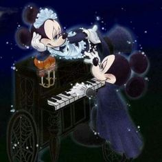 two mickey mouses are playing piano in the dark night sky with moon and stars behind them