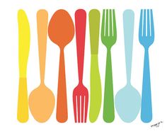 a group of forks and spoons in different colors