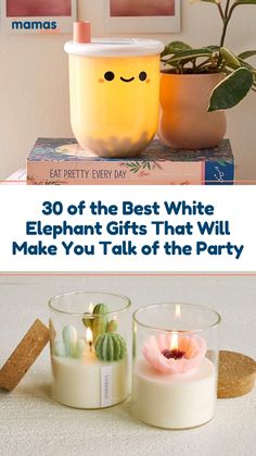 two candles with the words 30 of the best white elephant gifts that will make you talk of the party