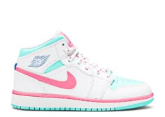 Air Jordan 1 Mid GS 'Digital Pink' - Air Jordan - 555112 102 - white/digital pink/aurora green/soar | Flight Club Cute Jordans, Preppy Birthday, Preppy Inspo, Nike Shoes Women Fashion, Pink Aurora, Pink Jordans, Shoes For School, Trendy Shoes Sneakers, Jordan Shoes Girls