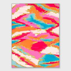 an abstract painting in pink, blue and orange with gold foil on the bottom corner