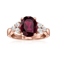 Ross-Simons - 3.50ct Rhodolite Garnet, .42ct t. w. Diamond Ring Oval Cut in Gold. Size 6. Boasting a jewel the rich color of cabernet, this ring lends a beautifully sophisticated look. A 3.50 carat oval cushion-cut rhodolite garnet takes center stage among two twinkling triangular clusters, comprised of .42 ct. t. w. round brilliant-cut diamonds. A polished setting of 14kt rose gold ties the warm color palette together. 3/8" wide. Diamond and rhodolite garnet ring. Rose Gold Tie, Diamond Ring Oval, Rhodolite Garnet Ring, Gold Tie, Warm Colour Palette, Garnet Ring, Rhodolite Garnet, Ring Oval, Garnet Rings