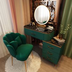 a green chair sitting in front of a vanity with a mirror on top of it