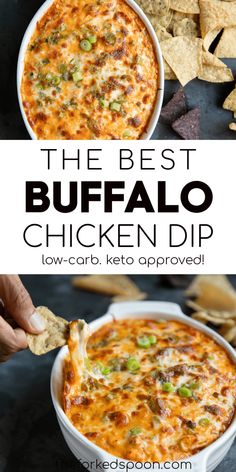 the best buffalo chicken dip in a white bowl with tortilla chips