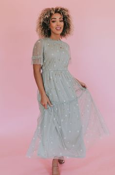 Intricate details and flowy as can be, our newest exclusive dress is a dream come true! A tulle overlay covered in embroidery and ruffle details gives the Prescott Dress an airy feel while making it the perfect option for spring and summer events. Who are we kidding, we would wear this any day, any time! Details Ruffle details White and metallic gold embroidery Elastic waistband Keyhole closure Body of the dress is fully lined Short sheer sleeves Stars Tulle overlay Sizing IVORY + BLACK SIZING: Flowy Tulle Skirt Dresses For Spring, Flowy Spring Tulle Dresses, Flowy Tulle Dresses For Spring, Flowy Tulle Summer Dress, Summer Tulle Skirt Dress With Short Sleeves, Spring Flowy Tulle Maxi Dress, Flowy Tulle Maxi Dress For Spring, Flowy Tulle Dress For Garden Party, Spring Garden Party Maxi Dress In Tulle