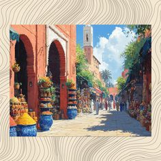 a painting of an outdoor market with people walking around