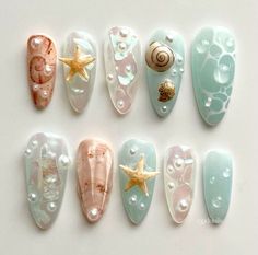 Seashell Nails, Sea Nails, Simple Acrylic Nails, Mermaid Nails, Pretty Gel Nails, Jelly Nails