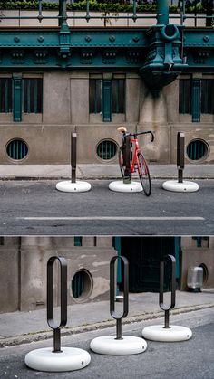 there is a red bike parked on the street